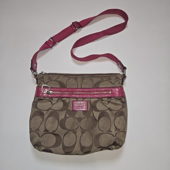Coach Poppy Daisy Signature C Swingpack Crossbody Bag Khaki Raspberry Y2K Worn - Picture 1 of 14